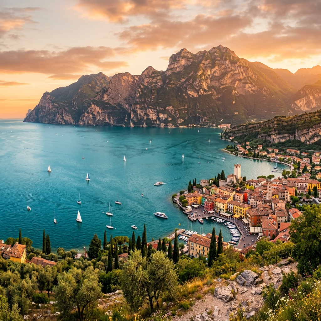 Lago di Garda s horami při západu slunce